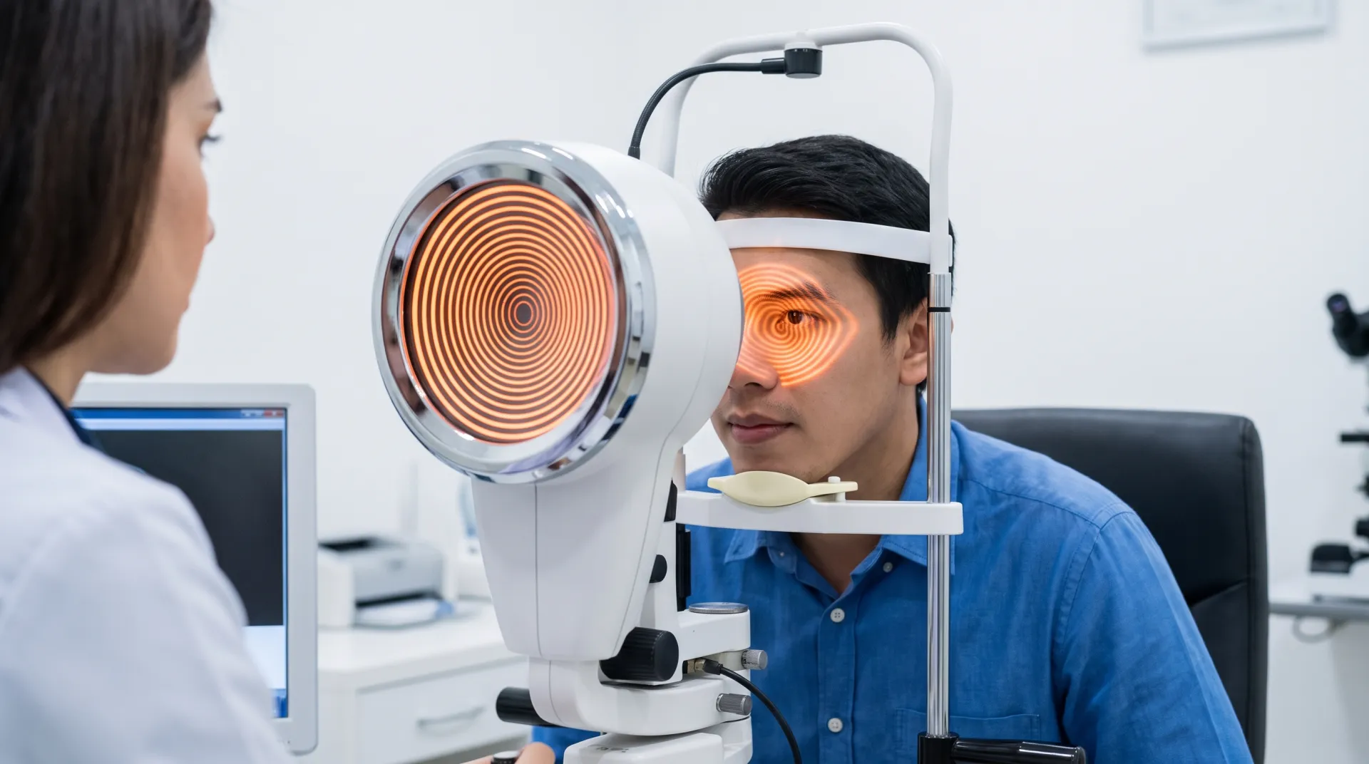 Patient having a corneal topography scan, the test that maps corneal curvature to diagnose keratoconus